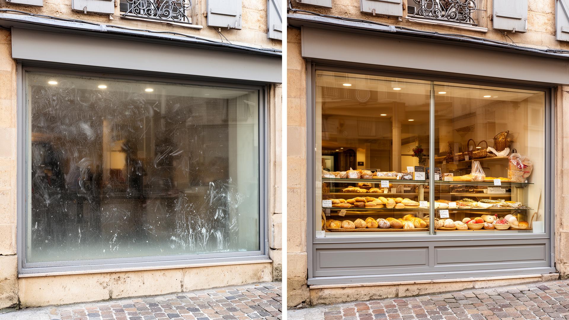 Avant nettoyage : vitrine de commerce ternie, dépôts gras, traces de doigts et pollution urbaine — Après nettoyage pro : vitrine de commerce éclatante, transparente, prête à attirer le client