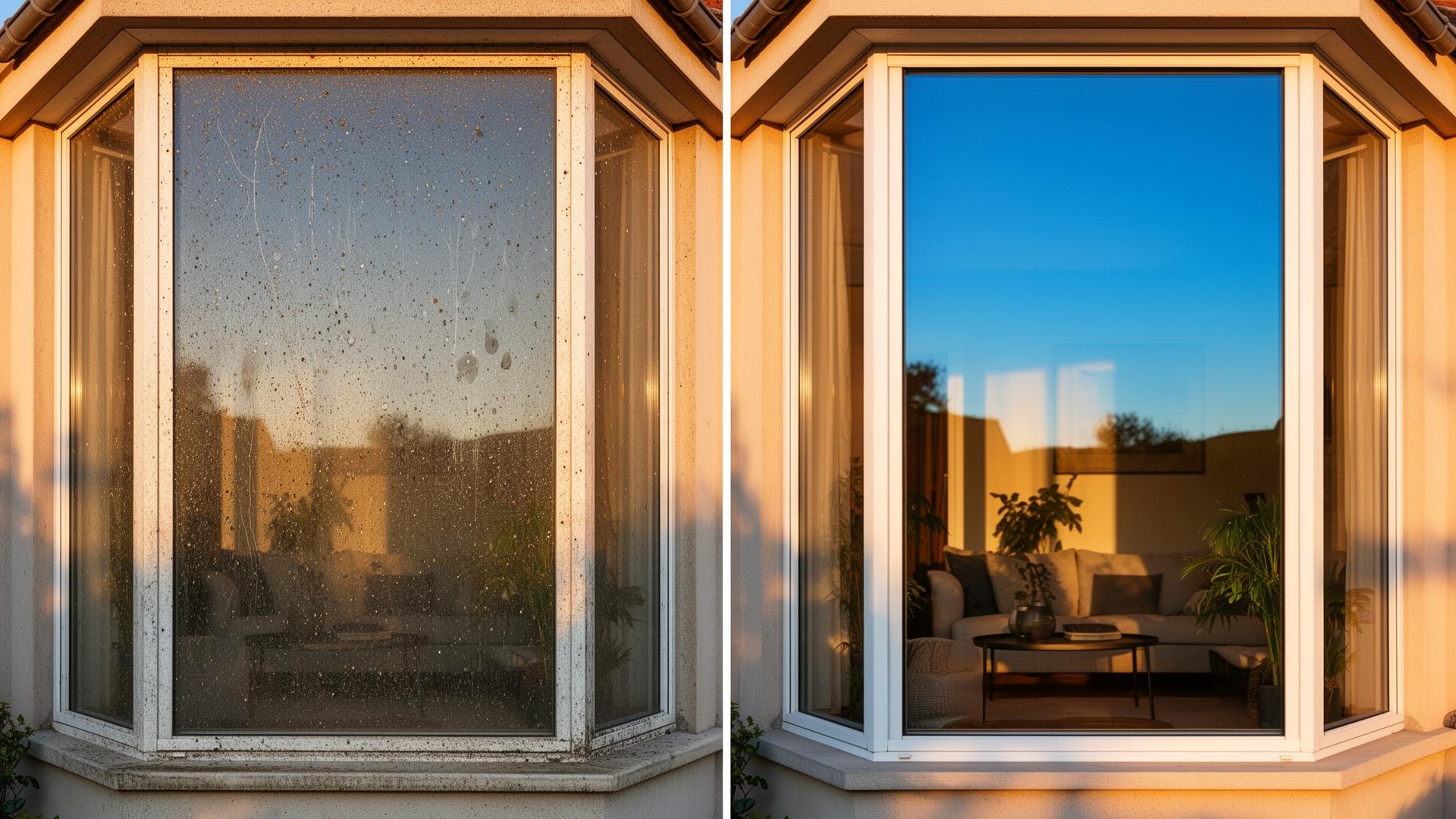 Avant nettoyage : baie vitrée d'une maison avec traces de calcaire, gouttes de pluie séchées et poussière — Après lavage professionnel eau pure : baie vitrée cristalline, sans trace ni coulure