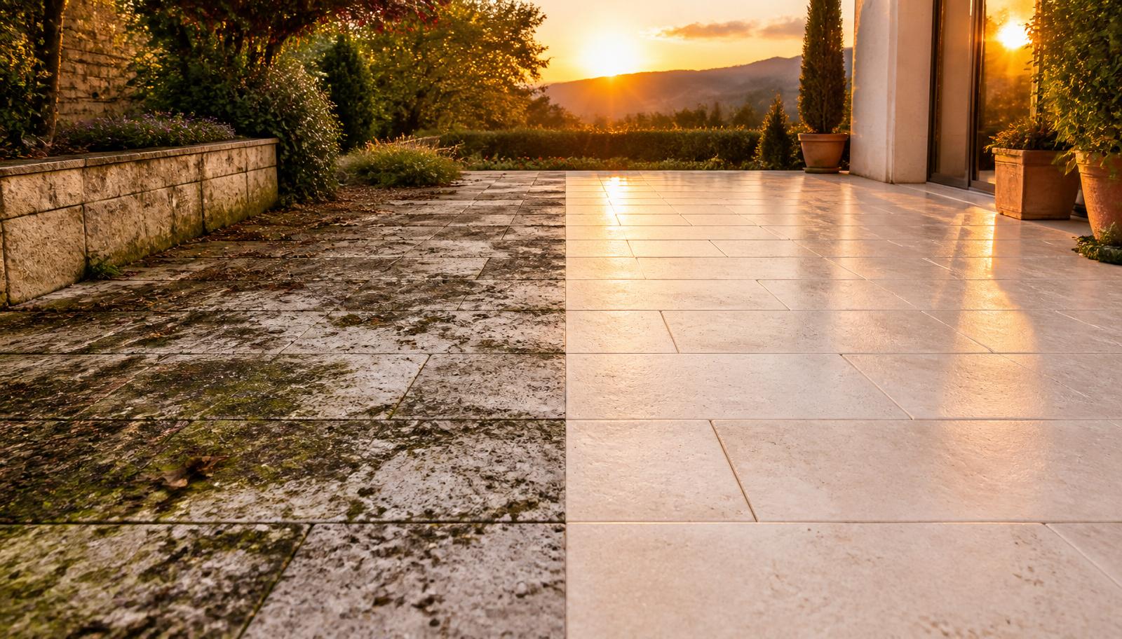 Avant nettoyage : terrasse en pierre blanche envahie par les mousses, lichens noirs, calcaire et grisaille — pierre encrassée — Après nettoyage professionnel : terrasse en pierre blanche éclatante, mousse et calcaire enlevés, joints propres, pierre naturelle respectée