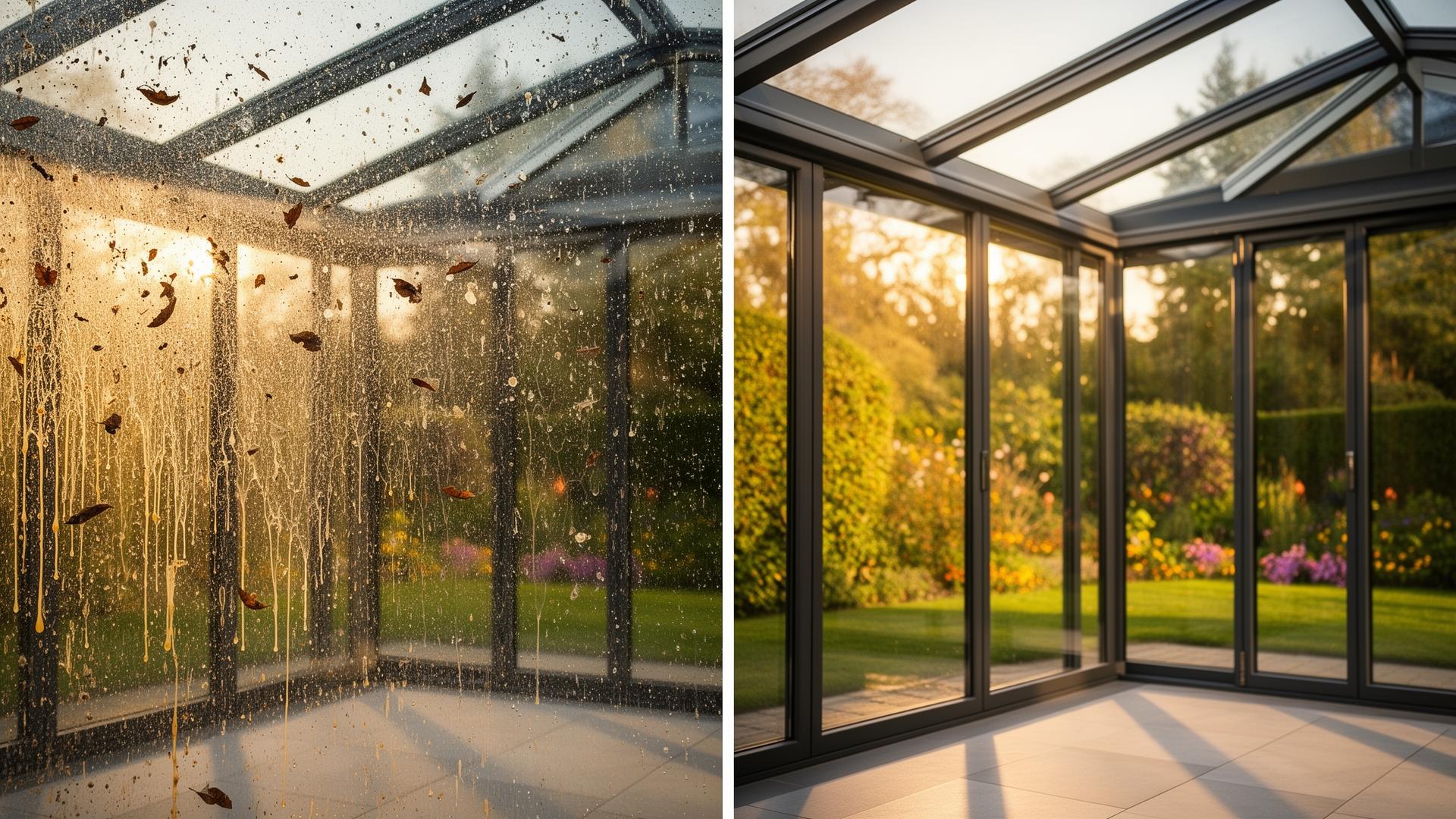 Avant nettoyage : véranda avec résine d'arbre, pollen, feuilles et grisaille sur le toit vitré — Après lavage professionnel : véranda transparente, toit vitré propre, lumière naturelle retrouvée