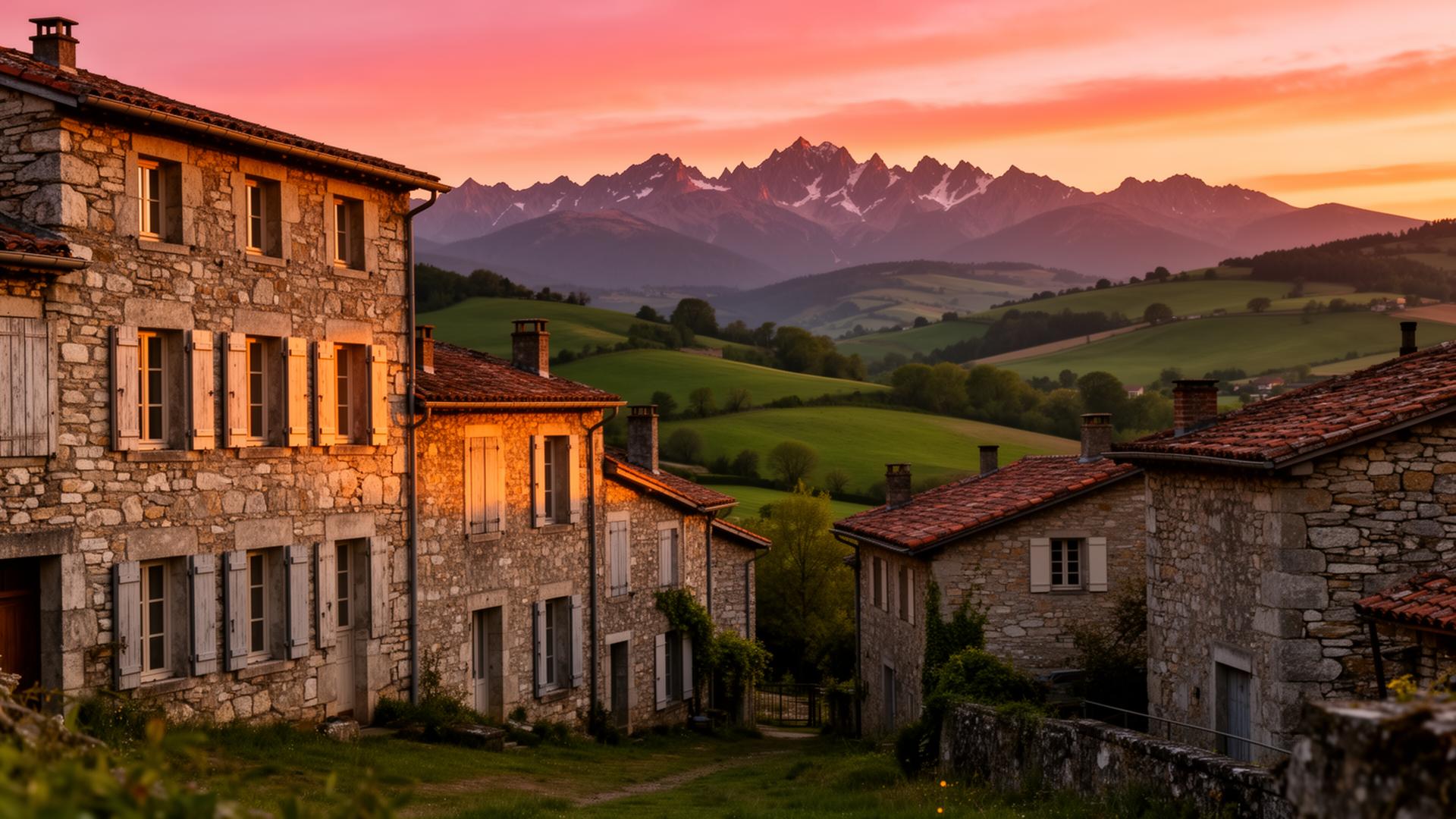 Village du Béarn au coucher de soleil — zones desservies par notre laveur de vitres