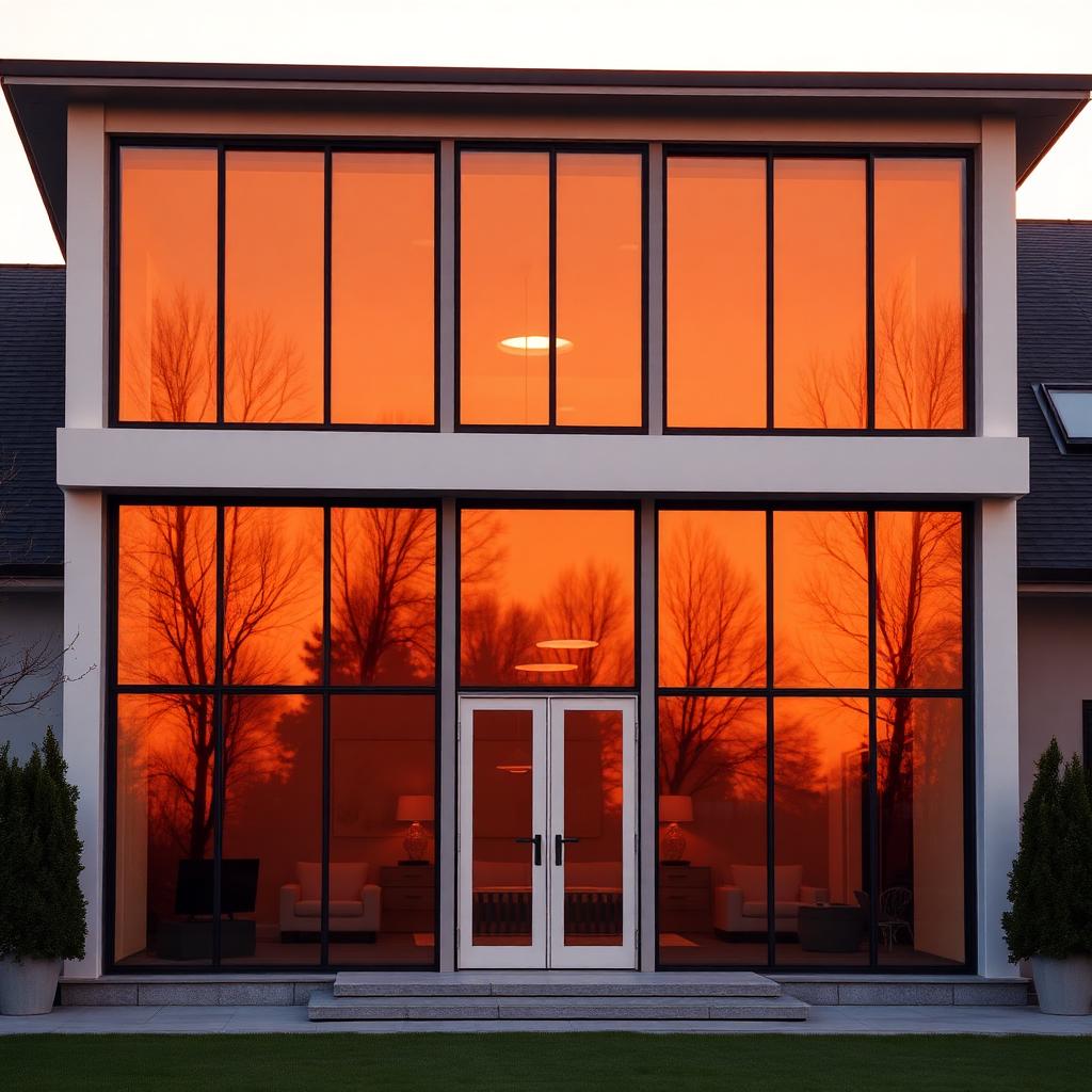 Grandes baies vitrées d'une maison moderne parfaitement nettoyées au coucher du soleil en Béarn
